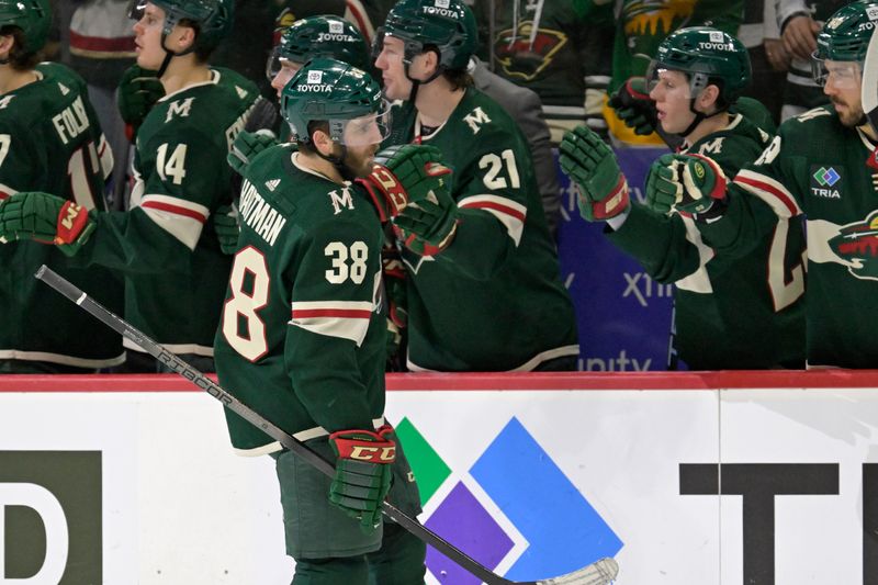 Jan 12, 2024; Saint Paul, Minnesota, USA; Minnesota Wild forward Ryan Hartman (38) celebrates his goal against the Philadelphia Flyers during the third period at Xcel Energy Center. Mandatory Credit: Nick Wosika-USA TODAY Sports