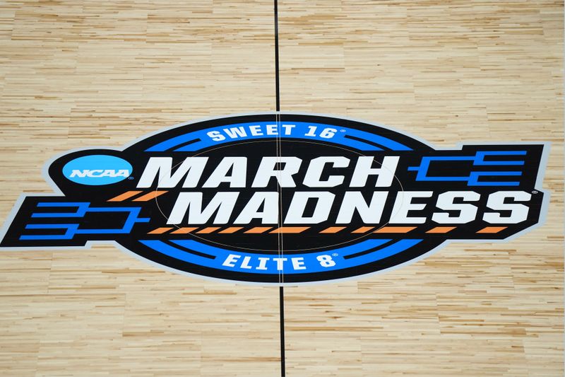 Mar 24, 2023; Seattle, WA, USA; A general overall view of the March Madness Sweet 16 and Elite 8 logo at center court at Climate Pledge Arena. Mandatory Credit: Kirby Lee-USA TODAY Sports