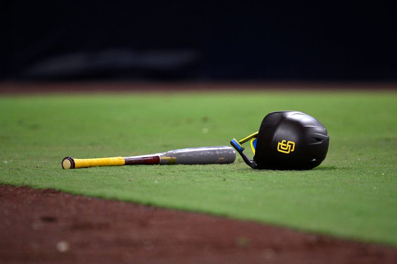 Aug 22, 2023; San Diego, California, USA; A detailed view of a San Diego Padres helmet and bat in the field during the seventh inning against the Miami Marlins at Petco Park. Mandatory Credit: Orlando Ramirez-USA TODAY Sports