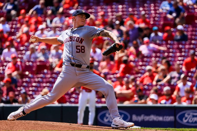 Sep 5, 2024; Cincinnati, Ohio, USA; Houston Astros starting pitcher Hunter Brown (58) pitches against the Cincinnati Reds in the first inning at Great American Ball Park. Mandatory Credit: Katie Stratman-Imagn Images