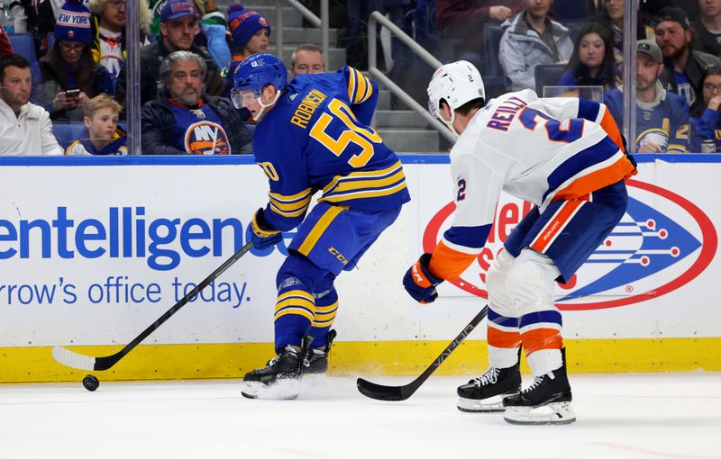 Mar 14, 2024; Buffalo, New York, USA;  Buffalo Sabres left wing Eric Robinson (50) makes a pass as New York Islanders defenseman Mike Reilly (2) defends during the second period at KeyBank Center. Mandatory Credit: Timothy T. Ludwig-USA TODAY Sports