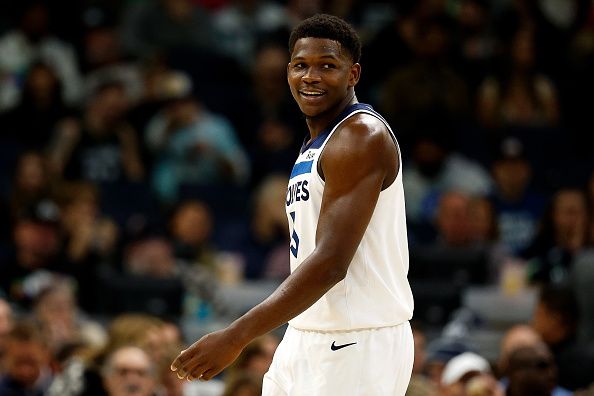 MINNEAPOLIS, MINNESOTA - NOVEMBER 01: Anthony Edwards #5 of the Minnesota Timberwolves looks on against the Denver Nuggets in the first quarter at Target Center on November 01, 2023 in Minneapolis, Minnesota. The Timberwolves defeated the Nuggets 110-89. NOTE TO USER: User expressly acknowledges and agrees that, by downloading and or using this photograph, User is consenting to the terms and conditions of the Getty Images License Agreement. (Photo by David Berding/Getty Images)