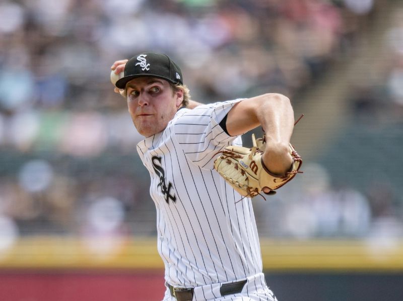 Jun 29, 2024; Chicago, Illinois, USA; Chicago White Sox starting pitcher Jonathan Cannon (48) pitches during the first inning against the Colorado Rockies at Guaranteed Rate Field. Mandatory Credit: Patrick Gorski-USA TODAY Sports