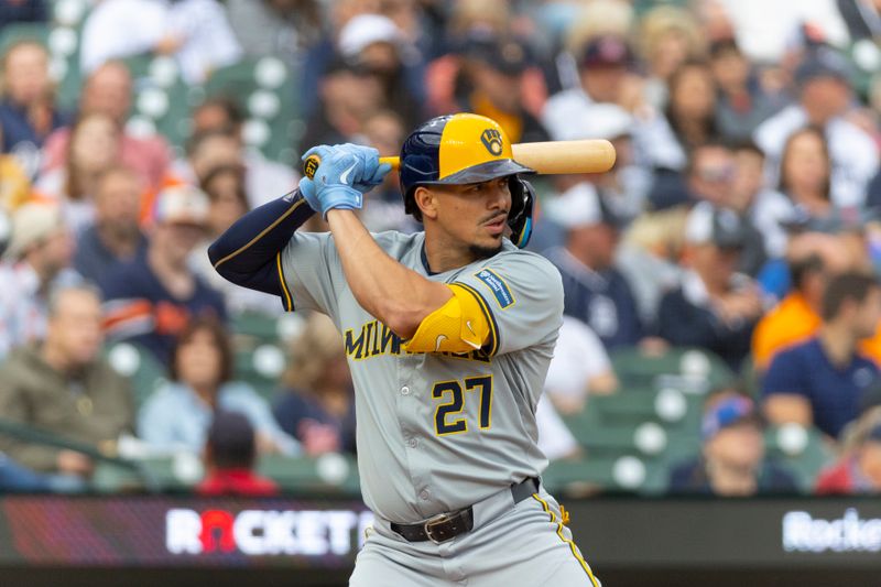 Jun 7, 2024; Detroit, Michigan, USA; Milwaukee Brewers shortstop Willy Adames (27) looks on during an at bat in the first inning of the game against the Detroit Tigers at Comerica Park. Mandatory Credit: Brian Bradshaw Sevald-USA TODAY Sports