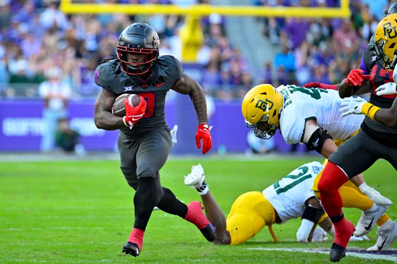 Nov 18, 2023; Fort Worth, Texas, USA; TCU Horned Frogs running back Emani Bailey (9) runs for a touchdown against the Baylor Bears during the first half at Amon G. Carter Stadium. Mandatory Credit: Jerome Miron-USA TODAY Sports