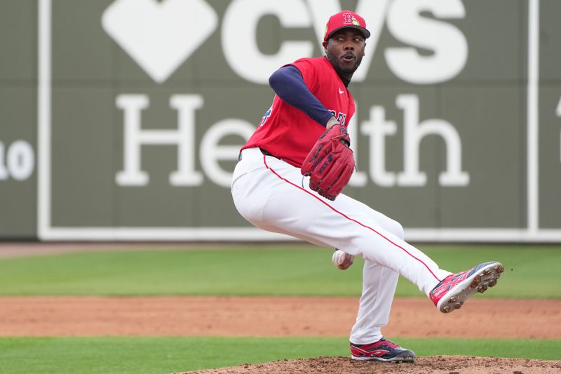 Feb 26, 2026; Fort Myers, Florida, USA;  Boston Red Sox pitcher Aroldis Chapman (44) throws a pitch in the second inning against the Tampa Bay Rays at JetBlue Park at Fenway South. Mandatory Credit: Jim Rassol-Imagn Images