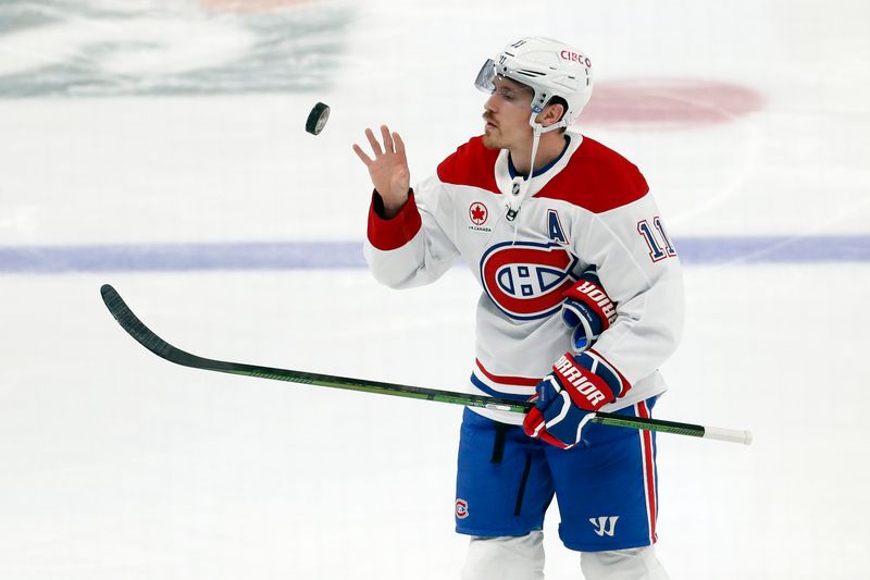 Nov 2, 2024; Pittsburgh, Pennsylvania, USA;  Montreal Canadiens right wing Brendan Gallagher (11) warms up against the Pittsburgh Penguins at PPG Paints Arena. Mandatory Credit: Charles LeClaire-Imagn Images