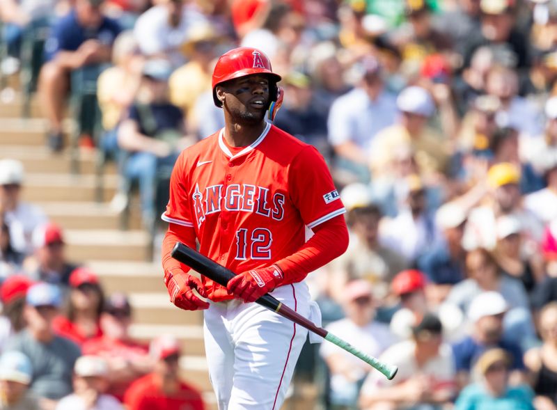 Mar 16, 2025; Tempe, Arizona, USA; Los Angeles Angels outfielder Jorge Soler against the San Diego Padres during a spring training game at Tempe Diablo Stadium. Mandatory Credit: Mark J. Rebilas-Imagn Images