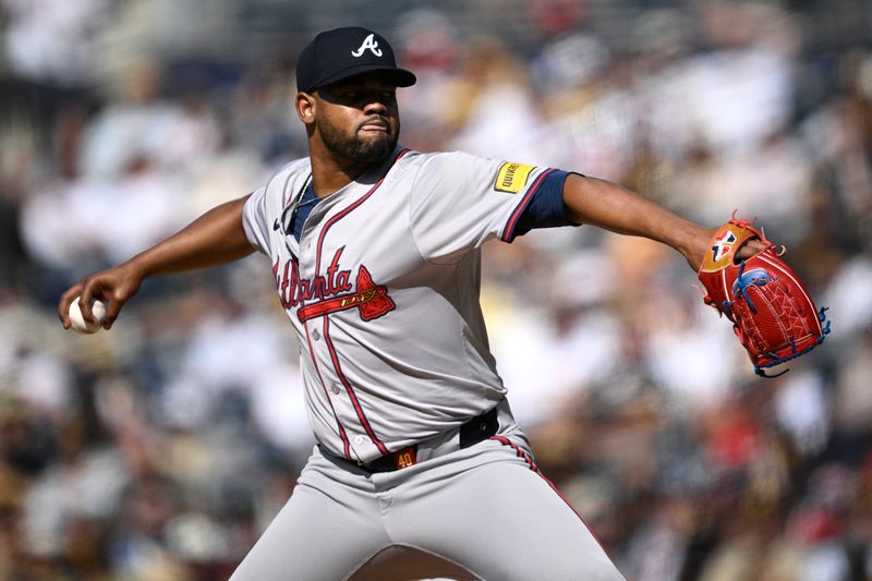 Jul 13, 2024; San Diego, California, USA; Atlanta Braves starting pitcher Reynaldo Lopez (40) pitches against the San Diego Padres during the first inning at Petco Park. Mandatory Credit: Orlando Ramirez-USA TODAY Sports 