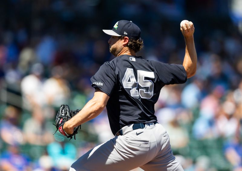 Mar 24, 2026; Mesa, Arizona, USA; New York Yankees pitcher Gerrit Cole against the Chicago Cubs during spring training at Sloan Park. Mandatory Credit: Mark J. Rebilas-Imagn Images