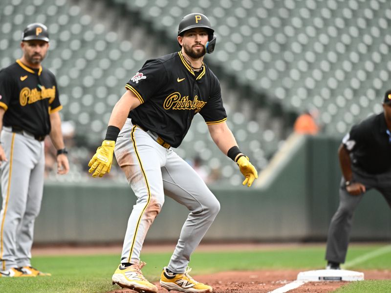 Sep 11, 2025; Baltimore, Maryland, USA;  Pittsburgh Pirates third baseman Jared Triolo (19) takes a lead off third base during the third inning against the Baltimore Orioles at Oriole Park at Camden Yards. Mandatory Credit: James A. Pittman-Imagn Images