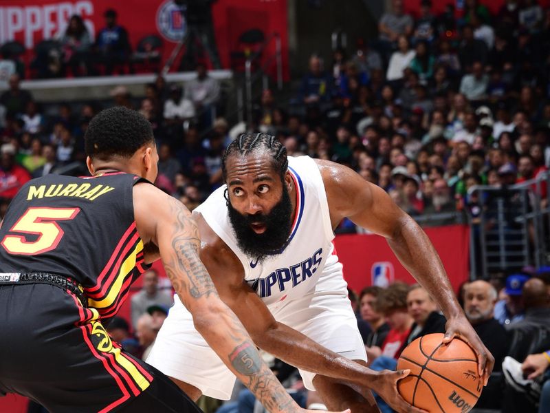 LOS ANGELES, CA - MARCH 17: James Harden #1 of the LA Clippers handles the ball during the game against the Atlanta Hawks on March 17, 2024 at Crypto.Com Arena in Los Angeles, California. NOTE TO USER: User expressly acknowledges and agrees that, by downloading and/or using this Photograph, user is consenting to the terms and conditions of the Getty Images License Agreement. Mandatory Copyright Notice: Copyright 2024 NBAE (Photo by Adam Pantozzi/NBAE via Getty Images)