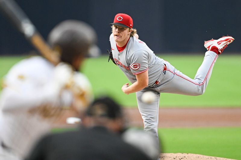 Sep 10, 2025; San Diego, California, USA; Cincinnati Reds starting pitcher Andrew Abbott (41) delivers during the first inning against the San Diego Padres at Petco Park. Mandatory Credit: Denis Poroy-Imagn Images