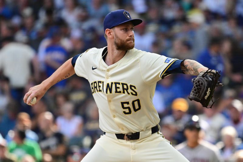 Aug 28, 2025; Milwaukee, Wisconsin, USA; Milwaukee Brewers relief pitcher Easton McGee (50) throws against the Arizona Diamondbacks in the eighth inning at American Family Field. Mandatory Credit: Benny Sieu-Imagn Images