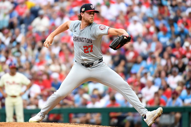 Aug 18, 2024; Philadelphia, Pennsylvania, USA; Washington Nationals pitcher Jake Irvin (27) throws a pitch during the sixth inning against the Philadelphia Phillies  at Citizens Bank Park. Mandatory Credit: Eric Hartline-USA TODAY Sports