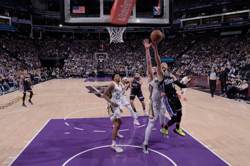 SACRAMENTO, CA - FEBRUARY 8:  Zach LaVine #8 of the Sacramento Kings drives to the basket during the game against the New Orleans Pelicans on February 8, 2025 at Golden 1 Center in Sacramento, California. NOTE TO USER: User expressly acknowledges and agrees that, by downloading and or using this Photograph, user is consenting to the terms and conditions of the Getty Images License Agreement. Mandatory Copyright Notice: Copyright 2025 NBAE (Photo by Rocky Widner/NBAE via Getty Images)