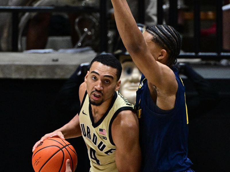 Dec 13, 2025; West Lafayette, Indiana, USA; Purdue Boilermakers forward Trey Kaufman-Renn (4) leans into Marquette Golden Eagles forward Royce Parham (13) during the first half at Mackey Arena. Mandatory Credit: Marc Lebryk-Imagn Images