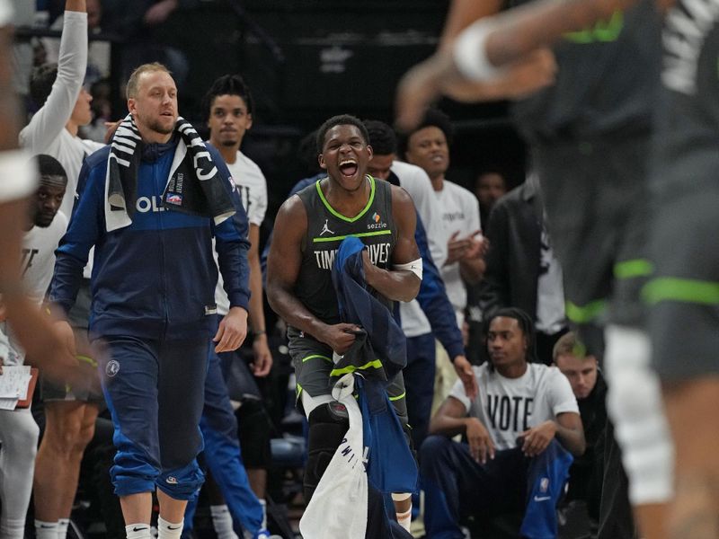 MINNEAPOLIS, MN - NOVEMBER 1: Anthony Edwards #5 of the Minnesota Timberwolves celebrates during the game against the Denver Nuggets on November 1, 2024 at Target Center in Minneapolis, Minnesota. NOTE TO USER: User expressly acknowledges and agrees that, by downloading and or using this Photograph, user is consenting to the terms and conditions of the Getty Images License Agreement. Mandatory Copyright Notice: Copyright 2024 NBAE (Photo by Jordan Johnson/NBAE via Getty Images)