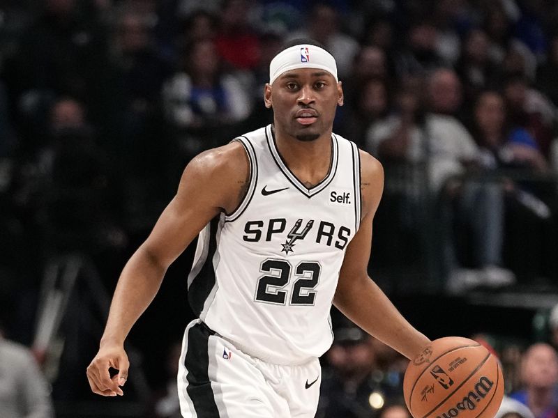 DALLAS, TEXAS - DECEMBER 23: Malaki Branham #22 of the San Antonio Spurs brings the ball up the court during the first half against the Dallas Mavericks at American Airlines Center on December 23, 2023 in Dallas, Texas. NOTE TO USER: User expressly acknowledges and agrees that, by downloading and or using this photograph, User is consenting to the terms and conditions of the Getty Images License Agreement. (Photo by Sam Hodde/Getty Images)