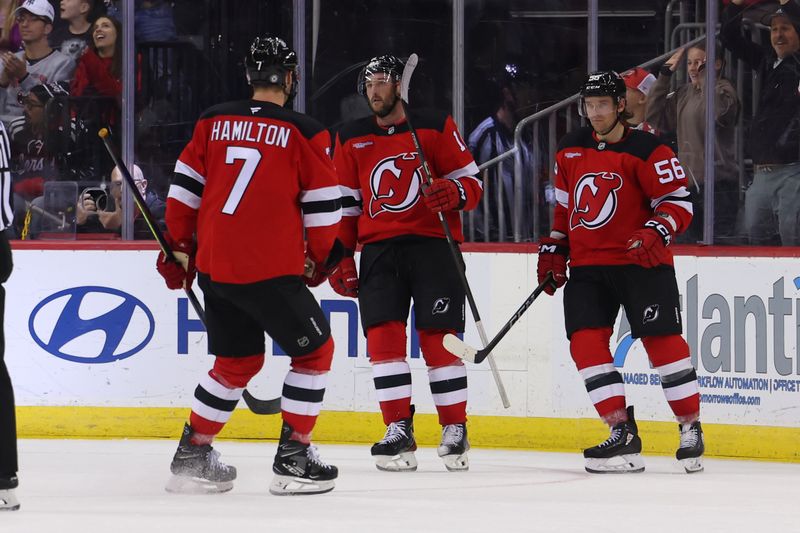 Oct 27, 2024; Newark, New Jersey, USA; New Jersey Devils left wing Erik Haula (56) celebrates his goal Anaheim Ducks during the third period at Prudential Center. Mandatory Credit: Ed Mulholland-Imagn Images