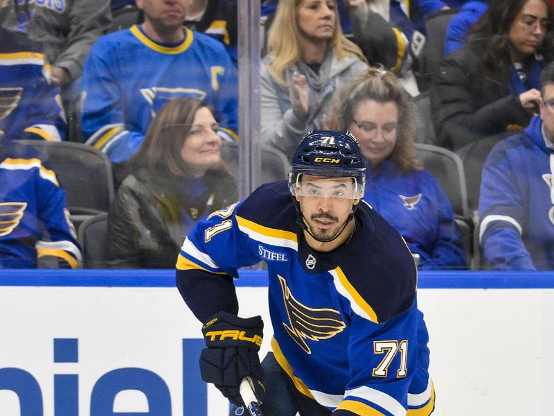 Jan 3, 2025; St. Louis, Missouri, USA;  St. Louis Blues right wing Mathieu Joseph (71) controls the puck against the Ottawa Senators during the second period at Enterprise Center. Mandatory Credit: Jeff Curry-Imagn Images