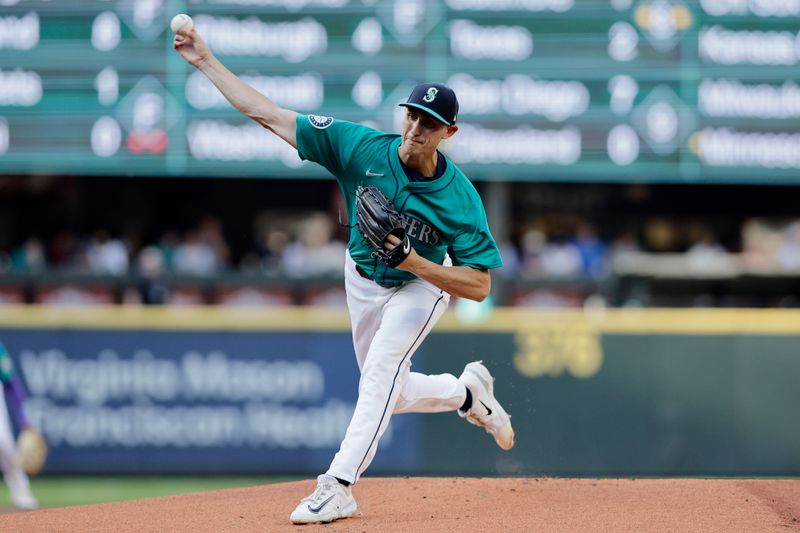 Jul 20, 2024; Seattle, Washington, USA; Seattle Mariners starting pitcher George Kirby (68) throws against the Houston Astros during the first inning at T-Mobile Park. Mandatory Credit: John Froschauer-USA TODAY Sports