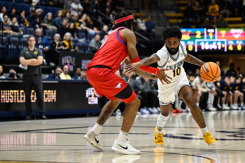 Feb 26, 2025; Berkeley, California, USA; California Golden Bears guard Jovan Blacksher Jr. (10) dribbles against SMU Mustangs guard B.J. Edwards (0) in the first half at Haas Pavilion. Mandatory Credit: Eakin Howard-Imagn Images