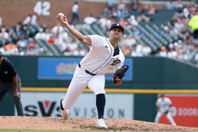 Apr 14, 2024; Detroit, Michigan, USA; Detroit Tigers pitcher Jack Flaherty (9) throws during the game against the Minnesota Twins at Comerica Park. Mandatory Credit: Brian Bradshaw Sevald-USA TODAY Sports