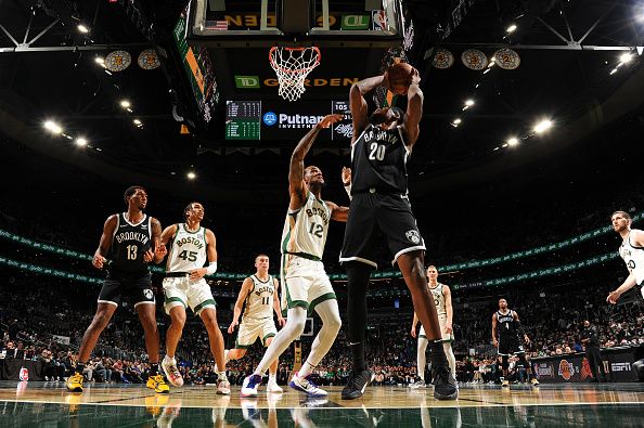 BOSTON, MA - NOVEMBER 10: Day'Ron Sharpe #20 of the Brooklyn Nets handles the ball during the game against the Boston Celtics during the In-Season Tournament on November 10, 2023 at the TD Garden in Boston, Massachusetts. NOTE TO USER: User expressly acknowledges and agrees that, by downloading and or using this photograph, User is consenting to the terms and conditions of the Getty Images License Agreement. Mandatory Copyright Notice: Copyright 2023 NBAE  (Photo by Brian Babineau/NBAE via Getty Images)