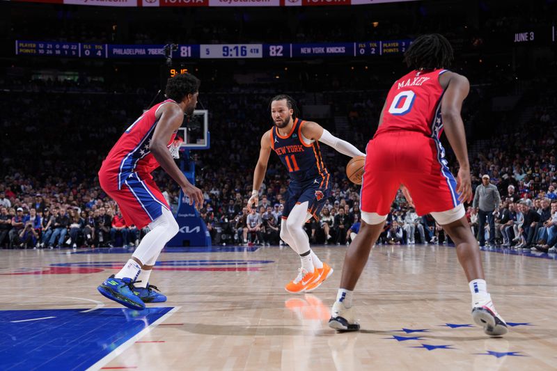 PHILADELPHIA, PA - APRIL 28: Jalen Brunson #11 of the New York Knicks dribbles the ball during the game against the Philadelphia 76ers during Round 1 Game 4 of the 2024 NBA Playoffs on April 28, 2024 at the Wells Fargo Center in Philadelphia, Pennsylvania NOTE TO USER: User expressly acknowledges and agrees that, by downloading and/or using this Photograph, user is consenting to the terms and conditions of the Getty Images License Agreement. Mandatory Copyright Notice: Copyright 2024 NBAE (Photo by Jesse D. Garrabrant/NBAE via Getty Images)