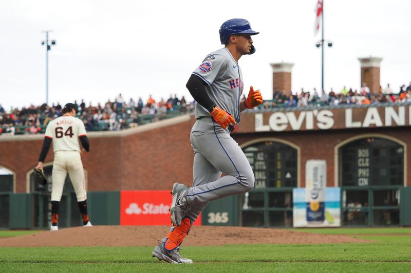 Apr 24, 2024; San Francisco, California, USA; New York Mets right fielder Tyrone Tyler (15) rounds the bases after hitting a solo home run off San Francisco Giants relief pitcher Sean Hjelle (64) during the fourth inning at Oracle Park. Mandatory Credit: Kelley L Cox-USA TODAY Sports