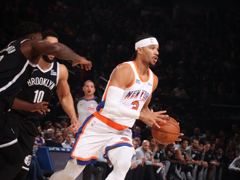 NEW YORK, NY - NOVEMBER 17: Josh Hart #3 of the New York Knicks handles the ball during the game against the Brooklyn Nets on November 17, 2024 at Madison Square Garden in New York City, New York.  NOTE TO USER: User expressly acknowledges and agrees that, by downloading and or using this photograph, User is consenting to the terms and conditions of the Getty Images License Agreement. Mandatory Copyright Notice: Copyright 2024 NBAE  (Photo by Nathaniel S. Butler/NBAE via Getty Images)