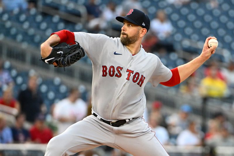 Aug 16, 2023; Washington, District of Columbia, USA; Boston Red Sox starting pitcher James Paxton (65) throws to the Washington Nationals during the first inning at Nationals Park. Mandatory Credit: Brad Mills-USA TODAY Sports