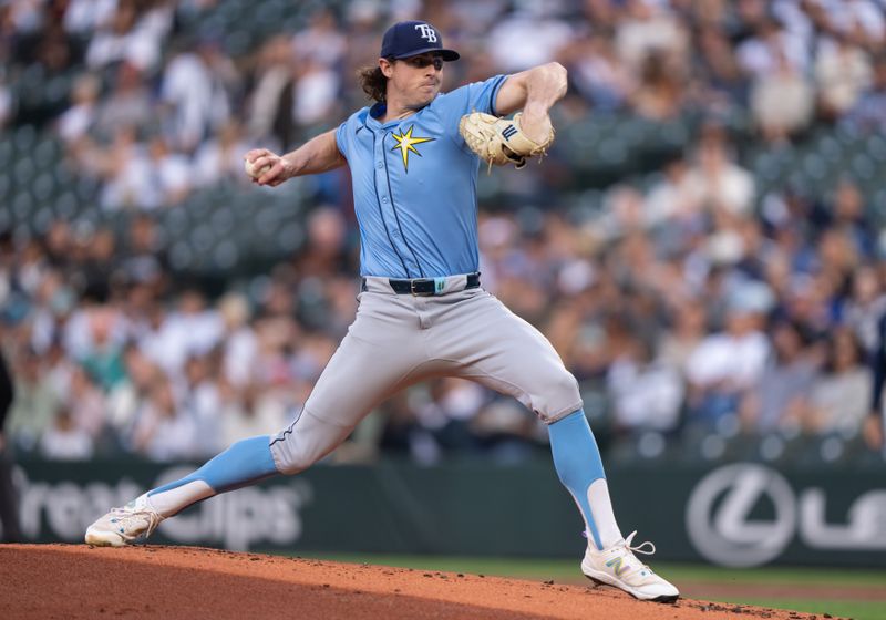 Aug 26, 2024; Seattle, Washington, USA; Tampa Bay Rays starter Ryan Pepiot (44) delivers a pitch during the first inning Mariners at T-Mobile Park. Mandatory Credit: Stephen Brashear-USA TODAY Sports