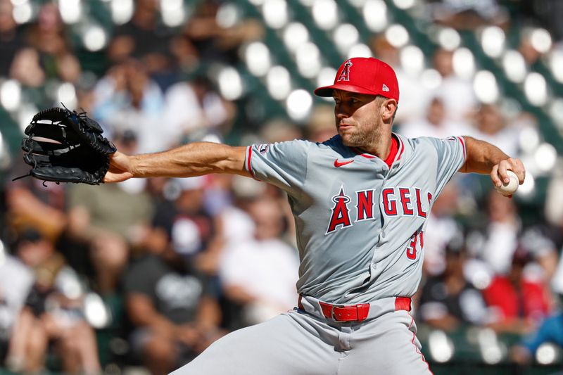 Sep 26, 2024; Chicago, Illinois, USA; Los Angeles Angels starting pitcher Tyler Anderson (31) delivers a pitch against the Chicago White Sox during the second inning at Guaranteed Rate Field. Mandatory Credit: Kamil Krzaczynski-Imagn Images