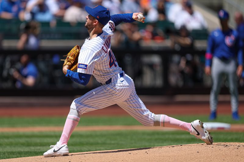 May 11, 2025; New York City, New York, USA; New York Mets starting pitcher Griffin Canning (46) delivers a pitch during the first inning against the Chicago Cubs at Citi Field. Mandatory Credit: Vincent Carchietta-Imagn Images