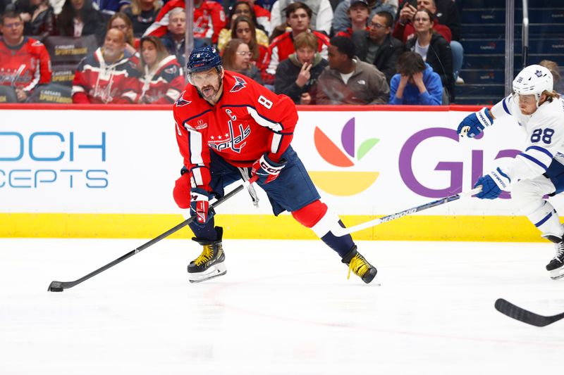 Mar 20, 2024; Washington, District of Columbia, USA; Washington Capitals left wing Alex Ovechkin (8) controls the puck against the Toronto Maple Leafs during the first period at Capital One Arena. Mandatory Credit: Amber Searls-USA TODAY Sports
