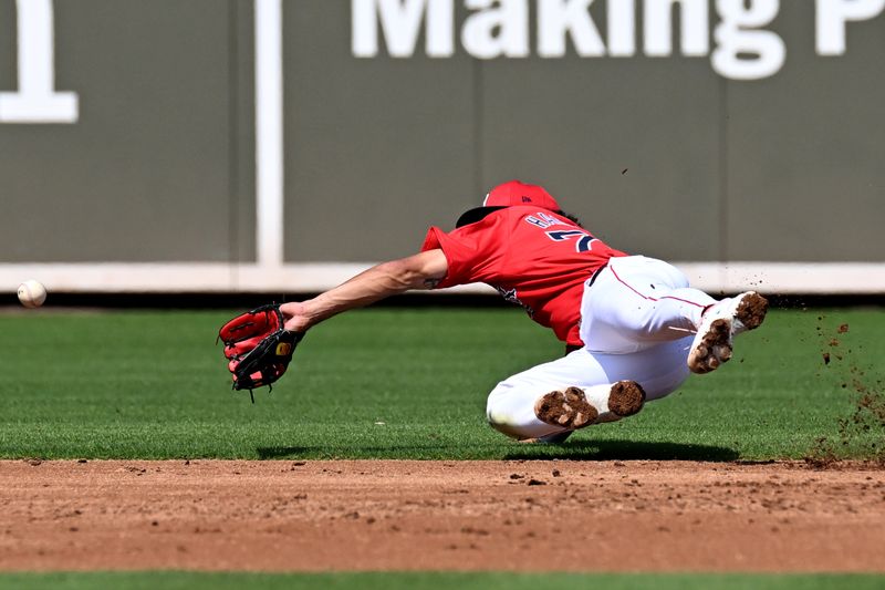 Mar 7, 2024; Fort Myers, Florida, USA; Boston Red Sox shortstop David Hamilton (70) fields a ground ball in the second inning against the Atlanta Braves at JetBlue Park at Fenway South. Mandatory Credit: Jonathan Dyer-USA TODAY Sports