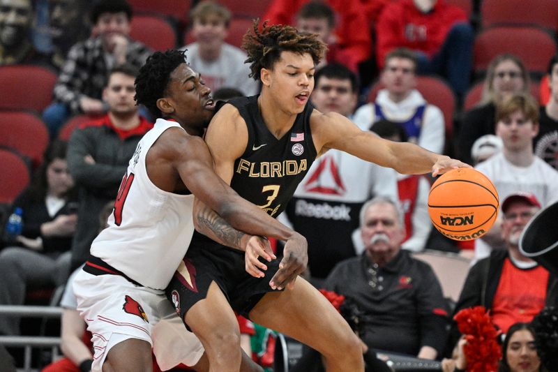 Feb 4, 2023; Louisville, Kentucky, USA;  Florida State Seminoles forward Cam Corhen (3) dribbles under the pressure of Louisville Cardinals forward Emmanuel Okorafor (34) during the second half at KFC Yum! Center. Florida State defeated Louisville 81-78. Mandatory Credit: Jamie Rhodes-USA TODAY Sports