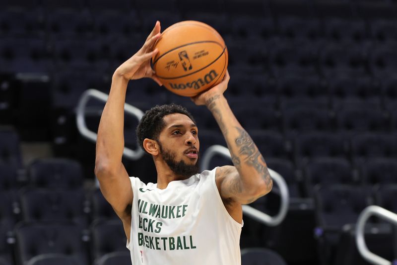 MILWAUKEE, WISCONSIN - NOVEMBER 26: Cameron Payne #15 of the Milwaukee Bucks participates in warmups prior to a game against the Portland Trail Blazers at Fiserv Forum on November 26, 2023 in Milwaukee, Wisconsin. NOTE TO USER: User expressly acknowledges and agrees that, by downloading and or using this photograph, User is consenting to the terms and conditions of the Getty Images License Agreement. (Photo by Stacy Revere/Getty Images)