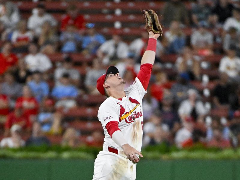 Aug 8, 2024; St. Louis, Missouri, USA;  St. Louis Cardinals second baseman Nolan Gorman (16) leaps and catches a line drive against the Tampa Bay Rays during the eighth inning at Busch Stadium. Mandatory Credit: Jeff Curry-USA TODAY Sports