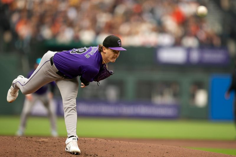 Jul 27, 2024; San Francisco, California, USA; Colorado Rockies starting pitcher Ryan Feltner (18) delivers a pitch against the San Francisco Giants during the first inning at Oracle Park. Mandatory Credit: D. Ross Cameron-USA TODAY Sports