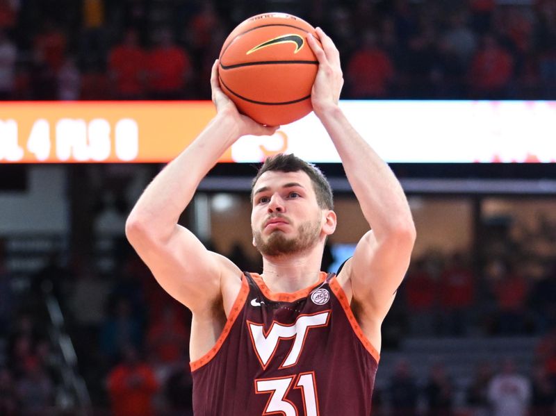 Feb 27, 2024; Syracuse, New York, USA; Virginia Tech Hokies forward Robbie Beran (31) takes a shot in the first half against the Syracuse Orange at the JMA Wireless Dome. Mandatory Credit: Mark Konezny-USA TODAY Sports