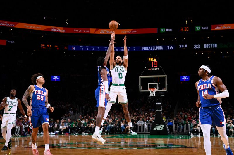 BOSTON, MA - OCTOBER 12: Jayson Tatum #0 of the Boston Celtics shoots a three point basket during the game against the Philadelphia 76ers during a NBA Preseason game on October 12, 2024 at TD Garden in Boston, Massachusetts. NOTE TO USER: User expressly acknowledges and agrees that, by downloading and/or using this Photograph, user is consenting to the terms and conditions of the Getty Images License Agreement. Mandatory Copyright Notice: Copyright 2024 NBAE (Photo by Brian Babineau/NBAE via Getty Images)