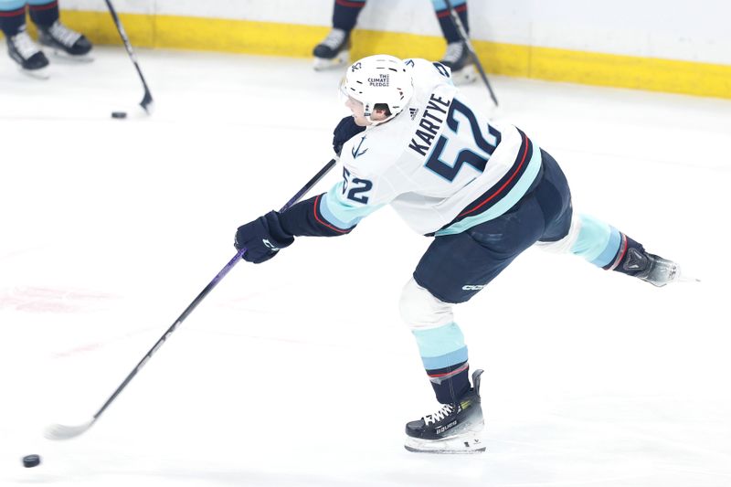 Mar 5, 2024; Winnipeg, Manitoba, CAN; Seattle Kraken left wing Tye Kartye (52) warms up before a game against the Winnipeg Jets at Canada Life Centre. Mandatory Credit: James Carey Lauder-USA TODAY Sports