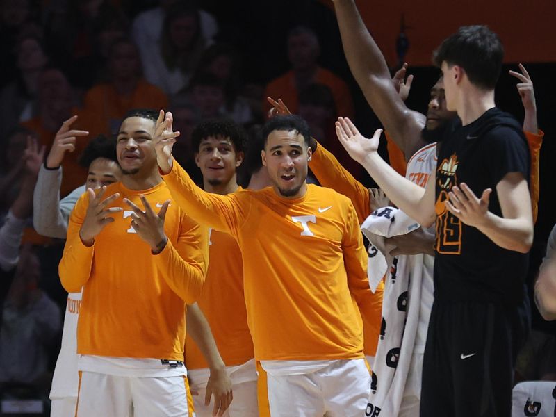 Feb 18, 2026; Knoxville, Tennessee, USA;  The Tennessee Volunteers bench reacts to a play against the Oklahoma Sooners during the second half at Thompson-Boling Arena at Food City Center. Mandatory Credit: Randy Sartin-Imagn Images