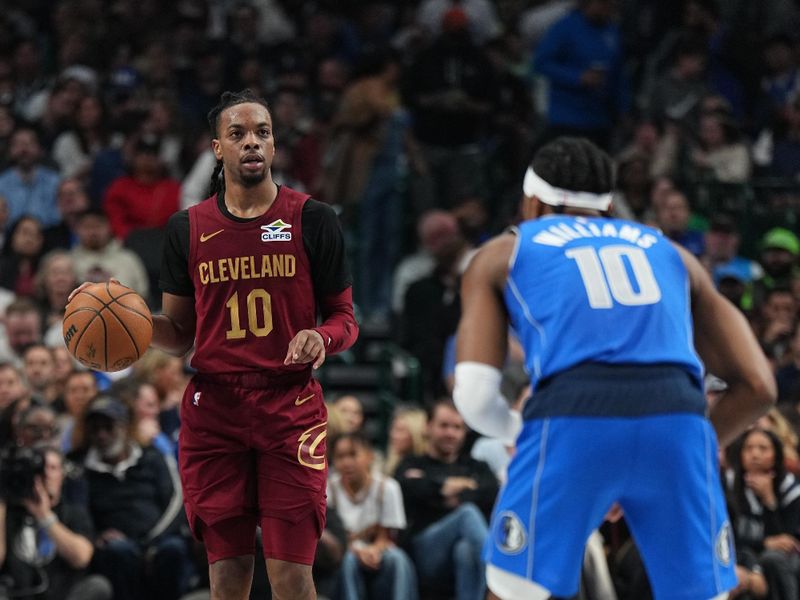 DALLAS, TX - JANUARY 03:  Darius Garland #10 of the Cleveland Cavaliers dribbles the ball during the game against the Dallas Mavericks on January 3, 2025 at American Airlines Center in Dallas, Texas. NOTE TO USER: User expressly acknowledges and agrees that, by downloading and or using this photograph, User is consenting to the terms and conditions of the Getty Images License Agreement. Mandatory Copyright Notice: Copyright 2025 NBAE (Photo by Glenn James/NBAE via Getty Images)