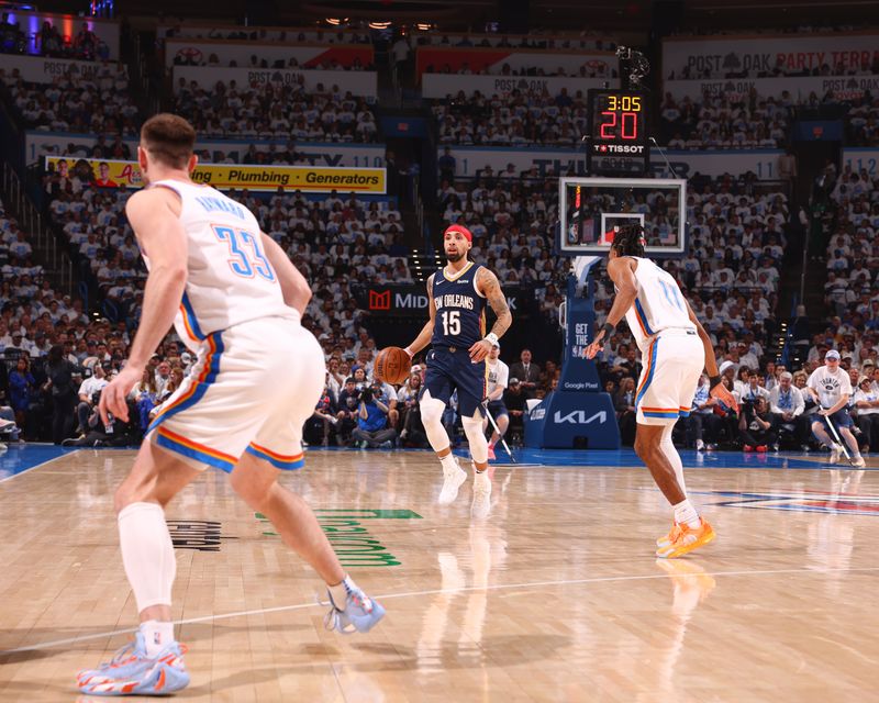 OKLAHOMA CITY, OK - APRIL 21:  Jose Alvarado #15 of the New Orleans Pelicans handles the ball during the game  against the Oklahoma City Thunder during Round 1 Game 1 of the 2024 NBA Playoffs on April 21, 2024 at Paycom Arena in Oklahoma City, Oklahoma. NOTE TO USER: User expressly acknowledges and agrees that, by downloading and or using this photograph, User is consenting to the terms and conditions of the Getty Images License Agreement. Mandatory Copyright Notice: Copyright 2024 NBAE (Photo by Zach Beeker/NBAE via Getty Images)