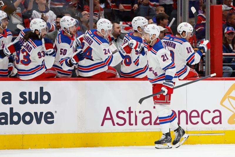 Apr 26, 2024; Washington, District of Columbia, USA; New York Rangers center Barclay Goodrow (21)celebrates with teammates after scoring a goal against the Washington Capitals in the first period in game three of the first round of the 2024 Stanley Cup Playoffs at Capital One Arena. Mandatory Credit: Geoff Burke-USA TODAY Sports