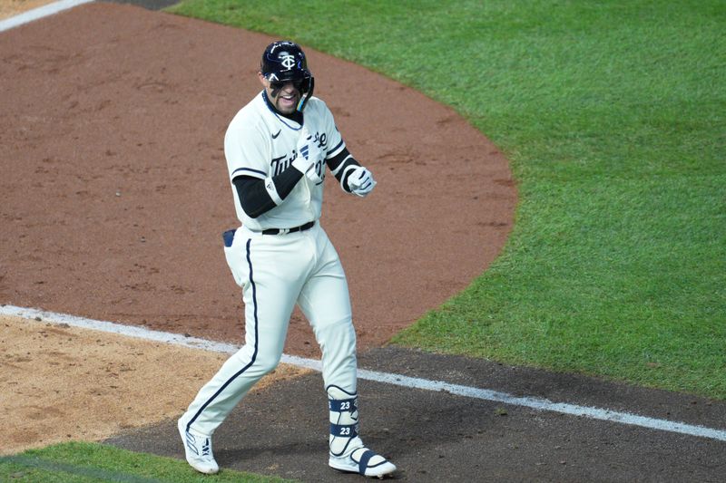 Oct 11, 2023; Minneapolis, Minnesota, USA; Minnesota Twins third baseman Royce Lewis (23) walks in the in the sixth inning against the Houston Astros during game four of the ALDS for the 2023 MLB playoffs at Target Field. Mandatory Credit: Matt Blewett-USA TODAY Sports